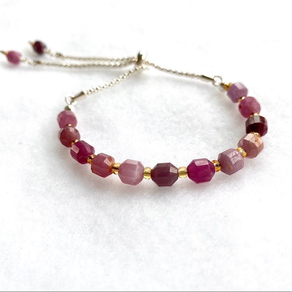 Ruby Red Burgundy & Pink Sapphire Minimalist Bolo Bracelet Gold Adjustable